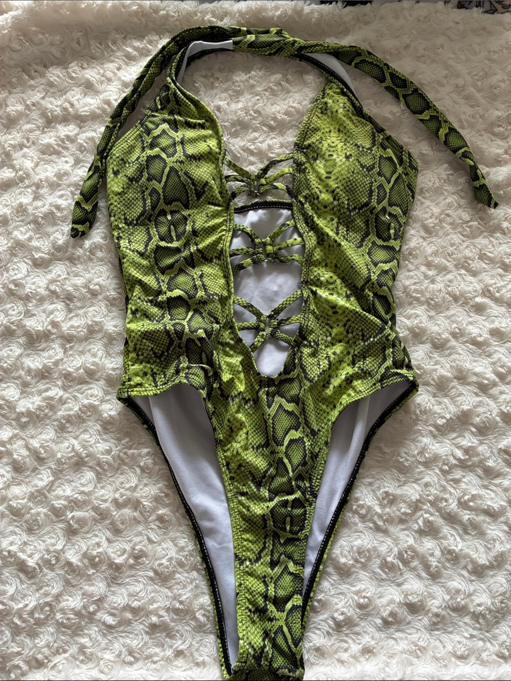 SHEIN Green Snake Print Lace-Up One Piece Swimsuit